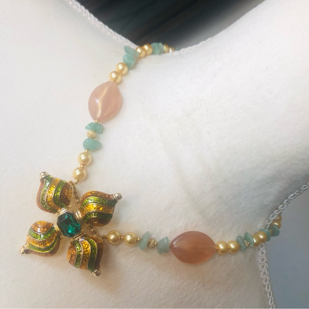 Handcrafted repurpose elegant stone enamel pendant Czech glass Pearl necklace